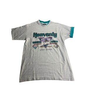 Vintage Signal Sports Heavenly Lake Tahoe Ski Ringer T-Shirt Gray Teal Large